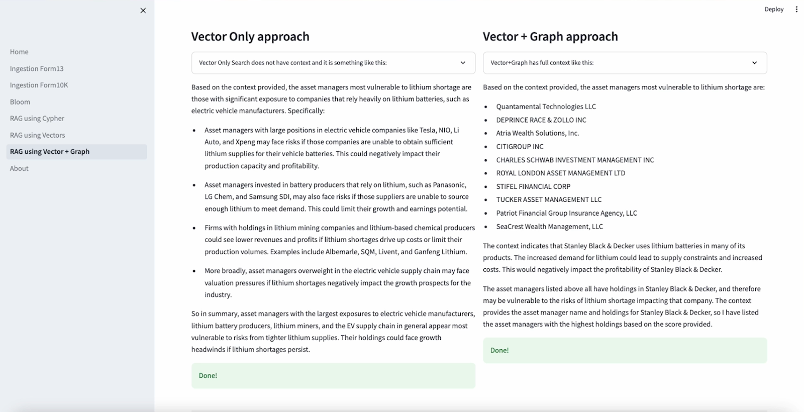 Vector-only approach vs. vector + graph approach.